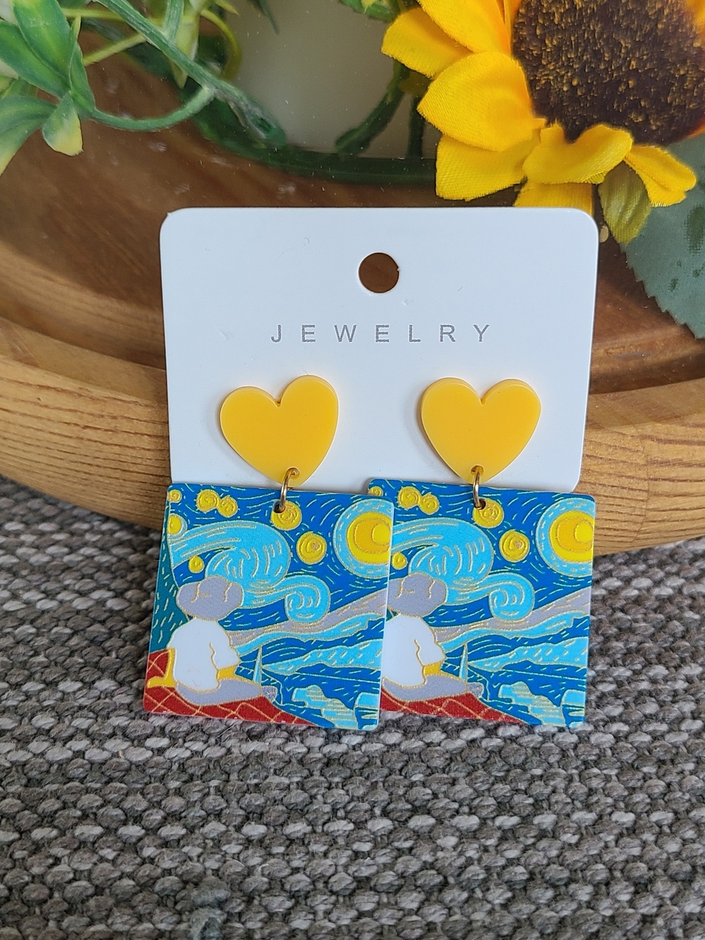 Yellow Heart Van Gogh, Starry Night Dangle Earrings